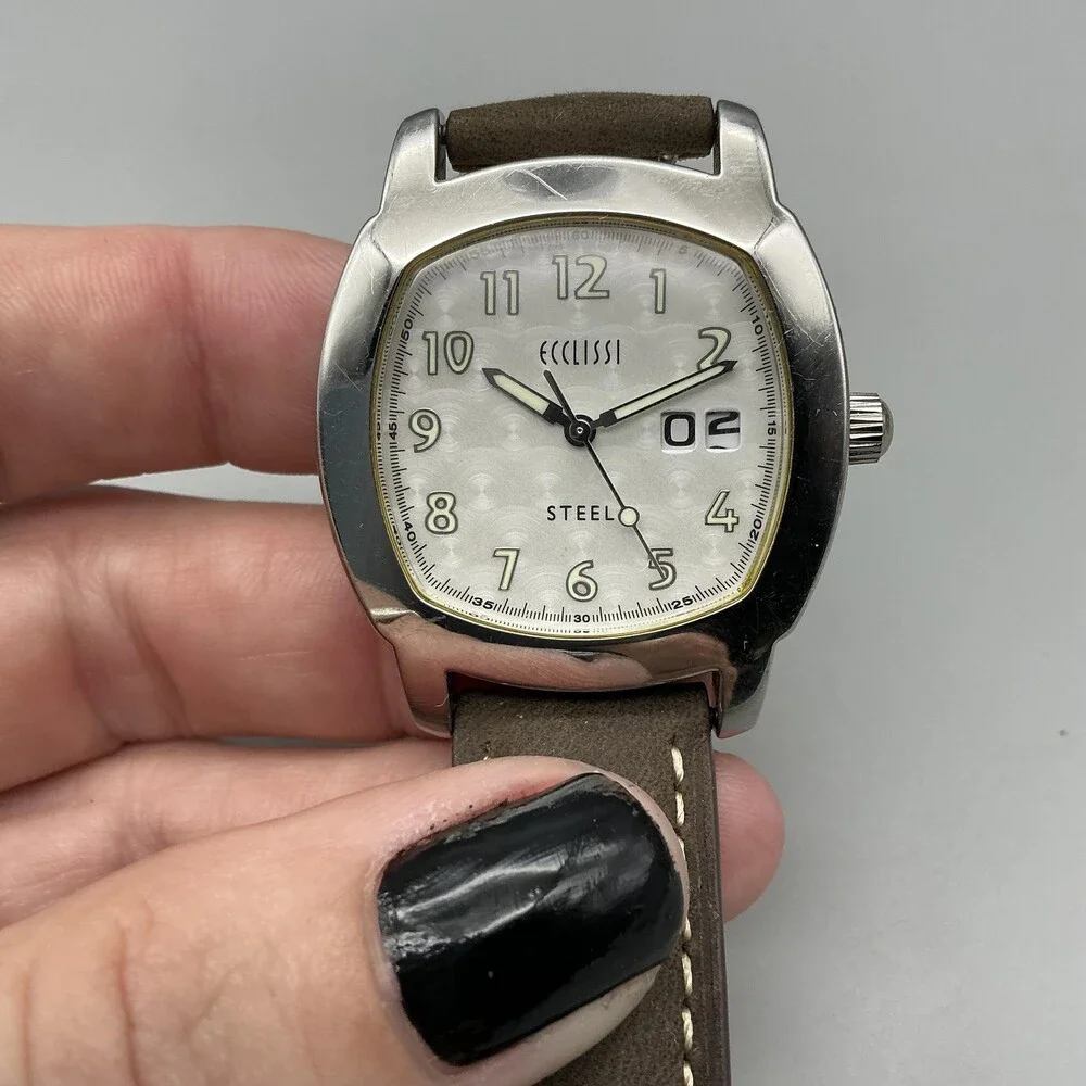 Ecclissi 75425 Womens Watch 35mm White Dial Brown Leather Date New Battery